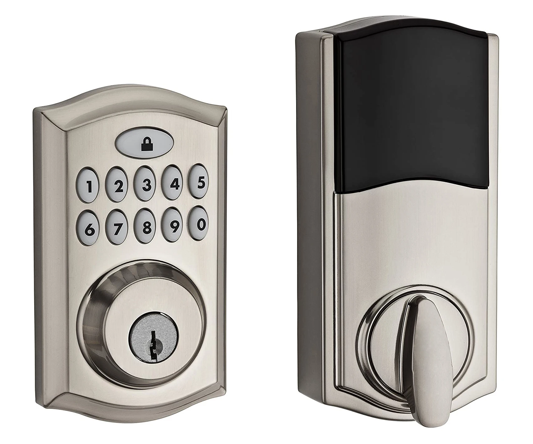 satin nickel smart door lock with alarm blue too