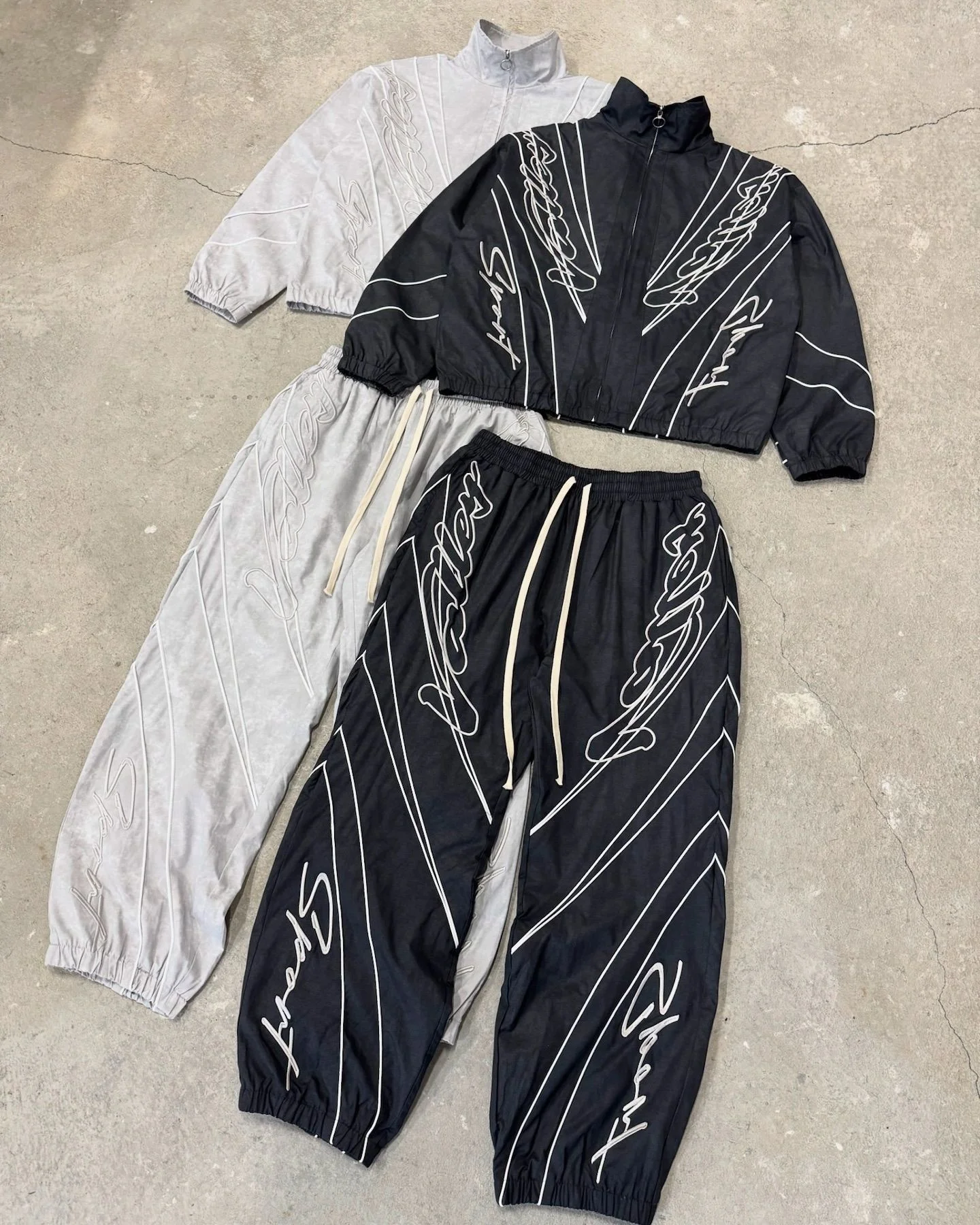 Salati Winter Printed Two Piece Pant Nylon Wind Breaker Set Breathable Quick Dry Lightweight Baggy Oversized Flared Jogging Suit gallery 8