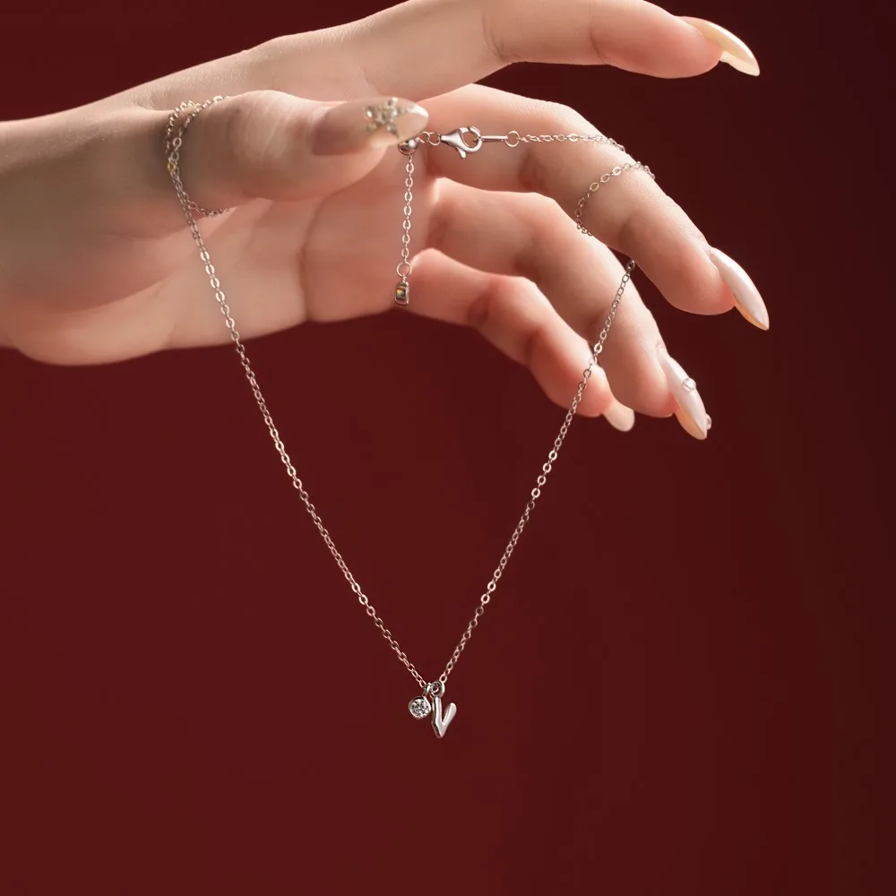 KAKODIY Rhodium Plated -V- Initial Necklace Women's 5A Cubic Zirconia Initial Necklace Letter Pendant Jewelry detail 1