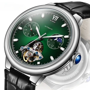 Brand Mineral Enhanced Mirror Automatic Mechanical Watch Trendy Moon Phase Tourbillon Men's Waterproof Luminous Watch