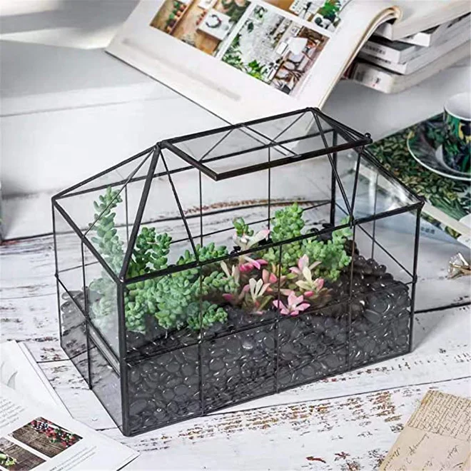 Homtone Fioriera geometrica per terrario, 24 cm, con vassoio, a forma di casa, colore nero, realizzata a mano, vintage, in miniatura, per piante grasse, cactus, piante d'aria, colore nero