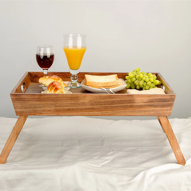 Складной поднос из натурального дерева акации с