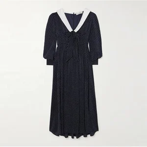 Clothing Manufacturer Custom Black Spring Autumn V Neck Long Sleeve Bow Fine Grain Polka Dot Elegant Casual Women Midi Dress