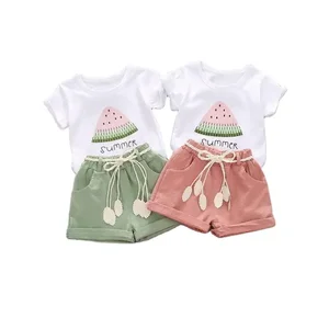 Customizable Children Fashion Summer Wear Printing Logo Kids Clothing Girls Cotton T-Shirt Two Piece Short Set