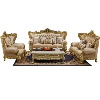 2020 Gold Royal Cream color leather sofa solid wood 1+2+3 seat living room wooden carved European-style furniture foshan factory
