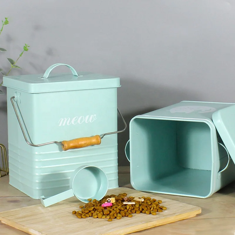 Custom Large Capacity Moisture-proof Sealed Metal Pet Food Storage Box with Scoop Dog Storage Bucket With Lid