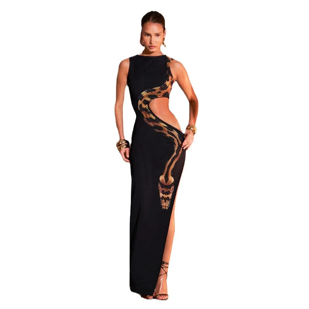 Black Cut Out Beach Dress Women Hollow Out Snake Print Slim High Slit Club  Party Dresses Summer Sexy Split Sleeveless Long Dress