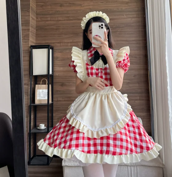 Women Maid Outfit Anime Dress Plaid Japanese Cute Lolita Dress Costume  Cosplay Cafe Apron Party Costume Minthson