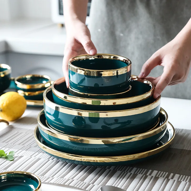 Dinner Set Plate Ceramic Porcelain Luxury Cheap Wholesale Gold Rim Green  9PCS 18PCS 26PCS Plates Sets Dinnerware