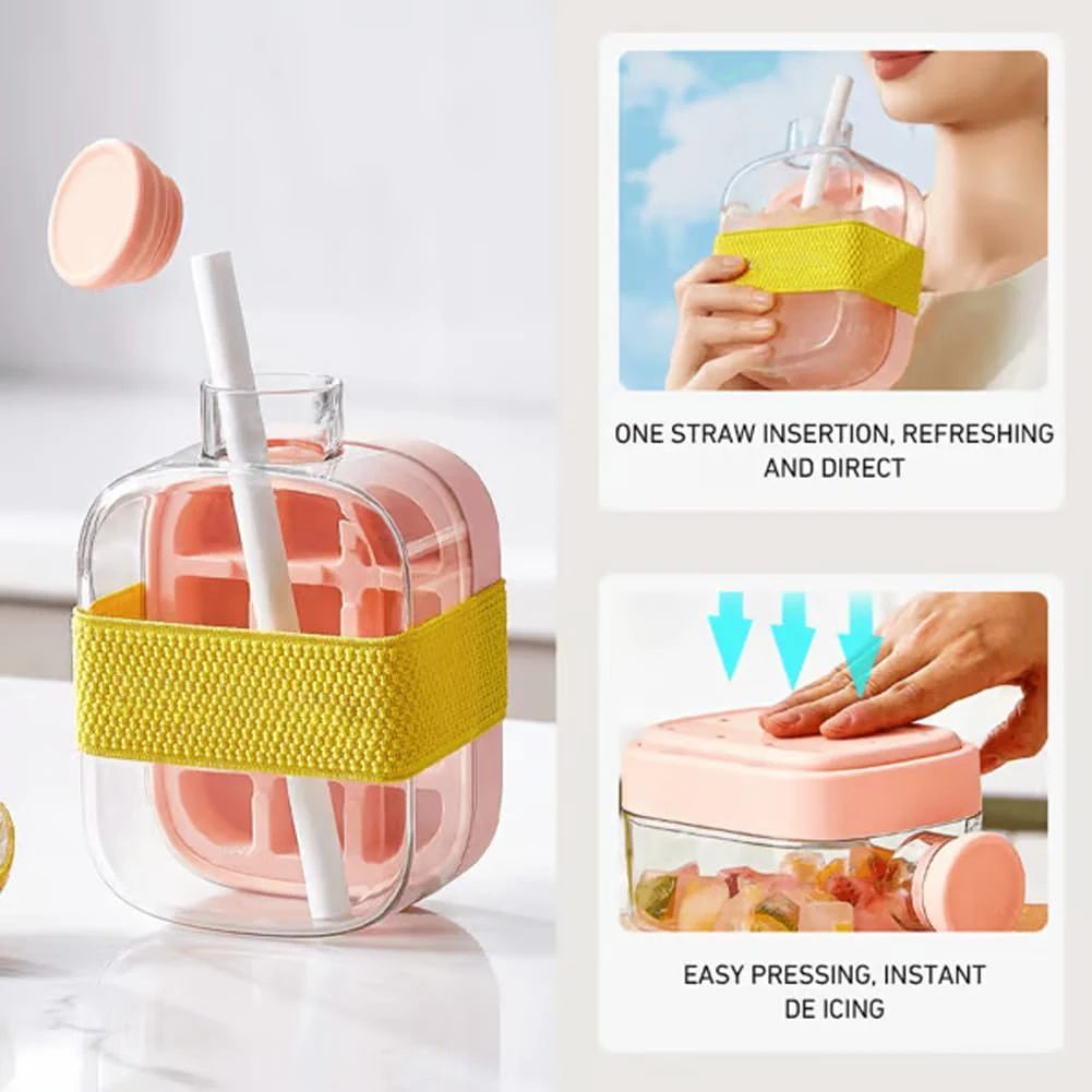 Summer 2 in 1 Ice Cube Water Bottle Easy Release Ice Mold for Freezer 500ml 800ml Touch-Free Ice Cube Tray with Lid and Bin