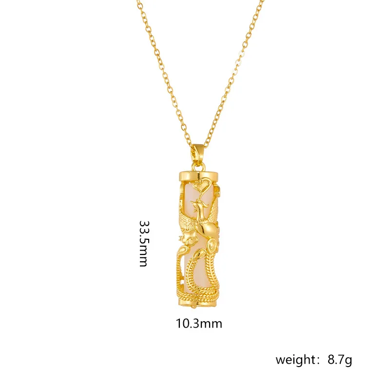18k Gold Plated Dragon Phoenix Pendant Necklace with Jade