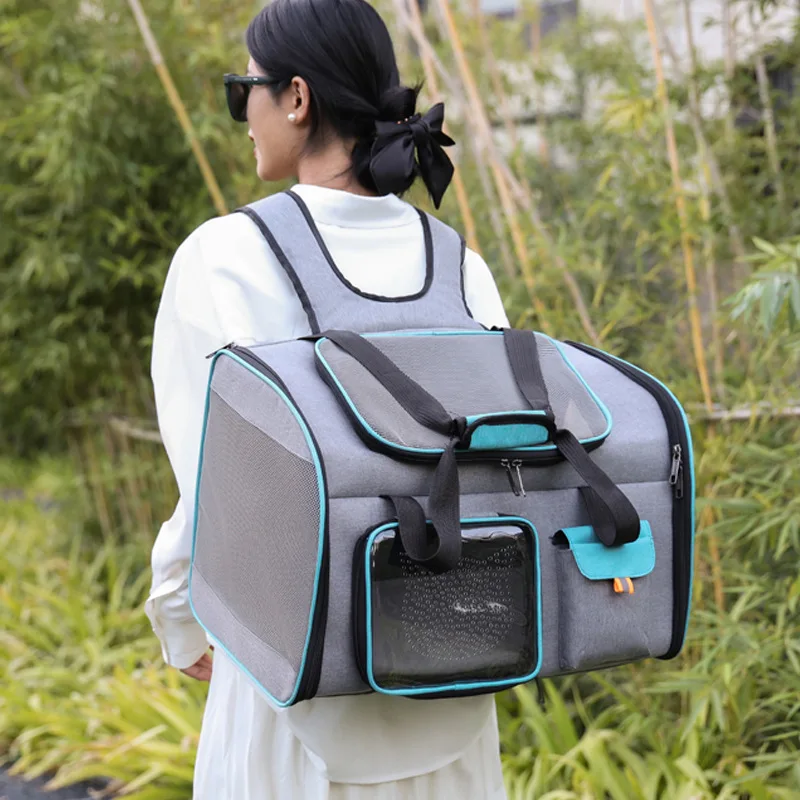 Breathable Oxford Cat & Puppy Carrier Portable Outdoor Backpack Large Capacity Pet Bag with Shoulder Straps Handles Space-Saving