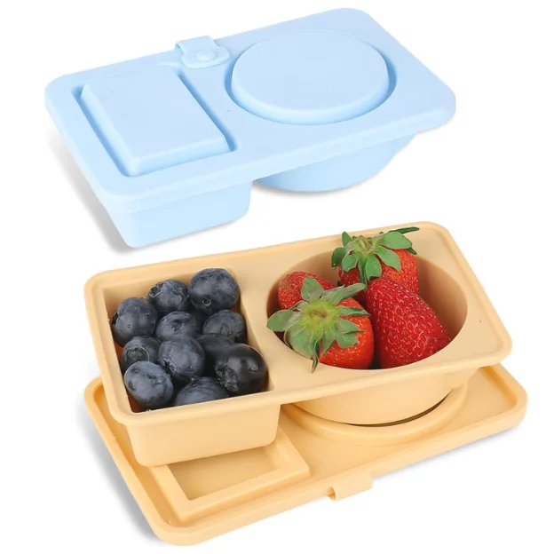 Portable Double-Compartment Silicone Snack Container Foldable Lid Microwavable Seasoning Sauce Box for Cooking Lunches