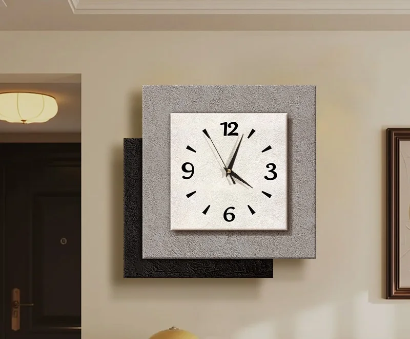 Green Textured Wall Clock Square Layered Design Silent Non Ticking Minimalist Wabi Sabi Modern Neutral Home Decor Living Room