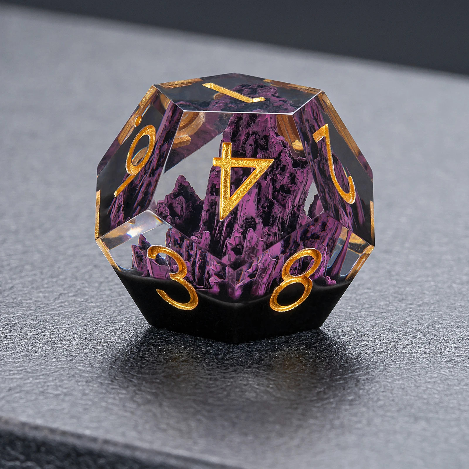 Wholesale Purple Clear Resin Sharp Edge Dice Set Custom Polyhedral Shape for Dnd Role-Playing Game with Mountain Design factory