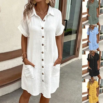 2024 summer women's dress new fashion popular simple V-neck button dress women's clothing solid color soft cotton lady dress