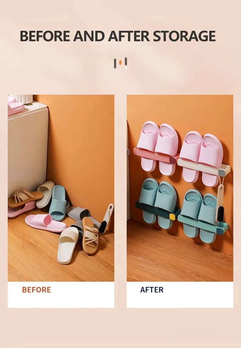 Wall Mounted Plastic Slippers Rack Rectangle Multifunction Bathroom Towel Shelf Hooks Injection Adhesive Bathroom Organizer details