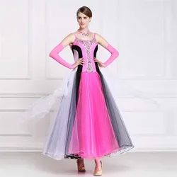 高品質のラウンドネックピンクと白の社交ラテンダンスドレス競争