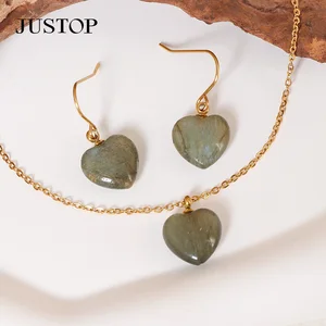 18K Gold Plated Fashionable Natural Gemstone Heart Jewelry Set for Women Stainless Steel Necklace and Earrings for Weddings