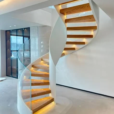 Gorgeous Design Custom Oak Tread Stairs Glass Railing Curved Staircase with Led Light from Foshan Factory