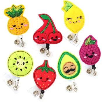 Cute Fruit Design Pineapple Strawberry Lemon Felt Badge Reel Holder for Office Supplies