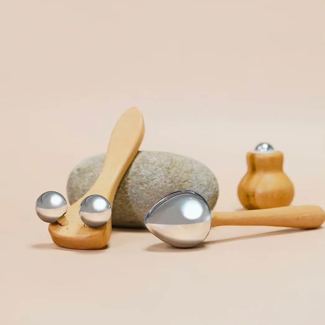 High Quality Wooden Facial Care Face Roller Stainless Steel Components PC/POM Custom Logo Premium Massage Relaxation Comfort