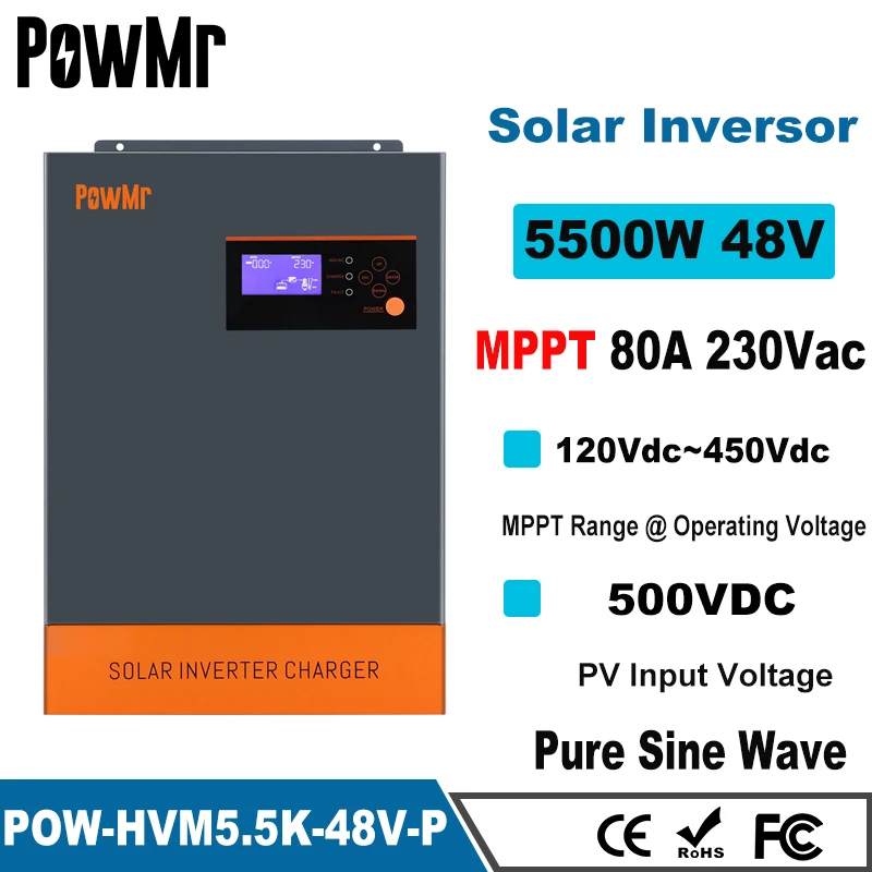 PowMr 5500W Hybrid Solar Inverter, Pure Sine Wave, MPPT 80A, 120V-450V ...