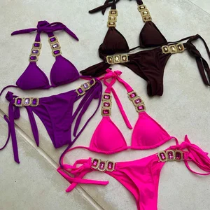 2026 OEM Custom Swimsuit Triangle Solid Blank Low Rise Diamond Luxury Micro Bikini Set Two Piece Women Swimwear Custom LOGO