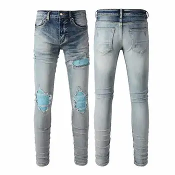 2024 Men's Ripped Patch Jeans Stretch Slim Straight Leg Pants High Quality Jeans
