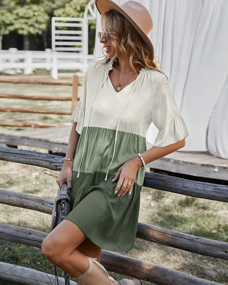 Breathable V-Neck Loose Green Casual Dress for Women - OEM Available