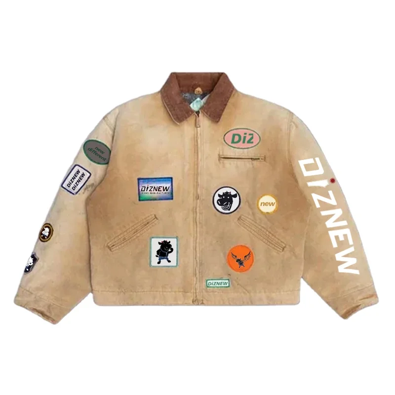 DiZNEW Custom Printing Men's Work Jacket Duck Canvas Corduroy Neck Plus Size Bomber Jacket with Patch Lapel Zip