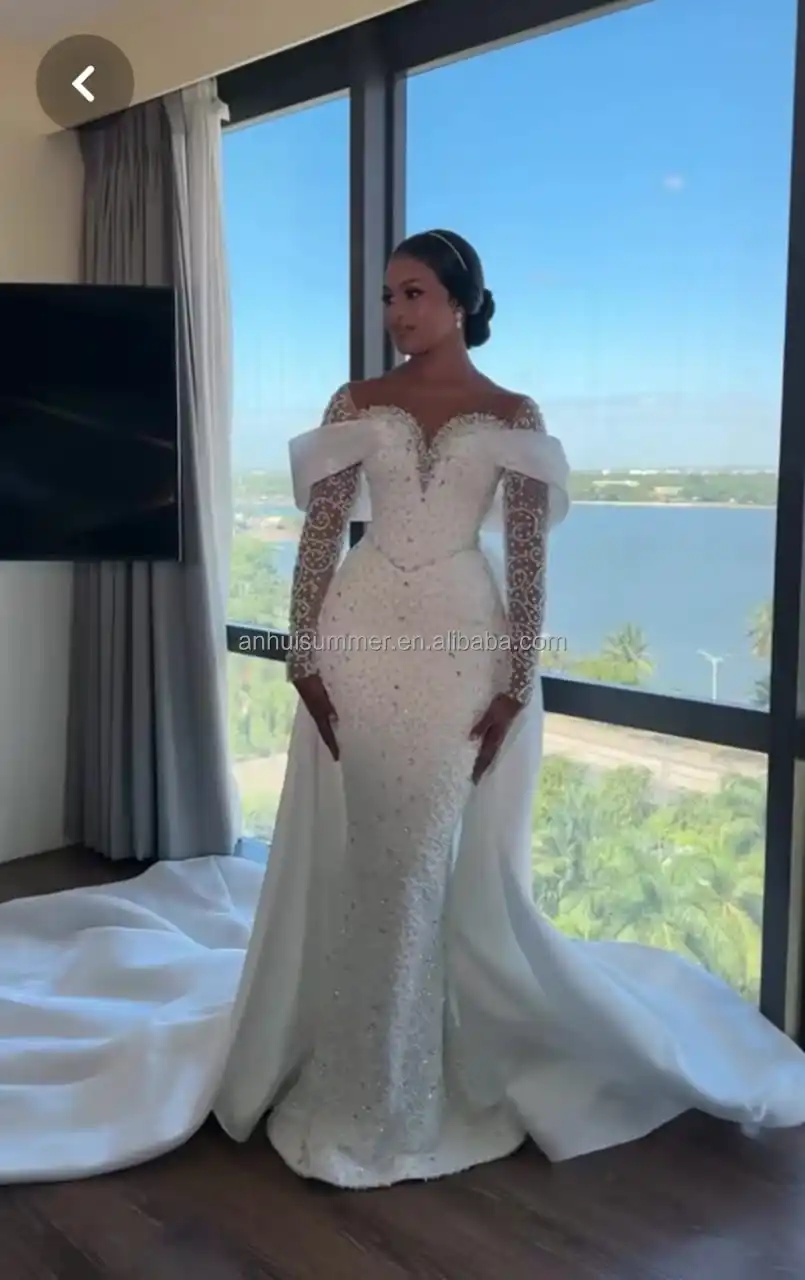 S0422F 2026 Luxury Beaded Mermaid Bride 2 in 1 Detachable Skirt Bridal Gown Cap Sleeves Wedding Dresses With Long Train S0422F 2026 Luxury Beaded Mermaid Bride 2 in 1 Detachable Skirt Bridal Gown Cap Sleeves Wedding Dresses With Long Train