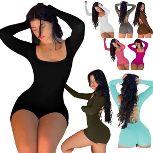 Ladies Square Neckline Long Sleeve Straps Design Backless Knee Jump Suits Casual High Waist Hip Wrap Solid Color Breathable Yoga