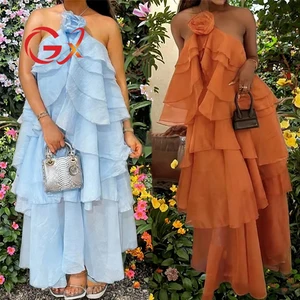 GX1103 Fashion 2026 Summer Clothing Vendor Elegant Women Sexy Dresses Sleeveless Halter 3D Floral Multi-Layer Cake Long Dress