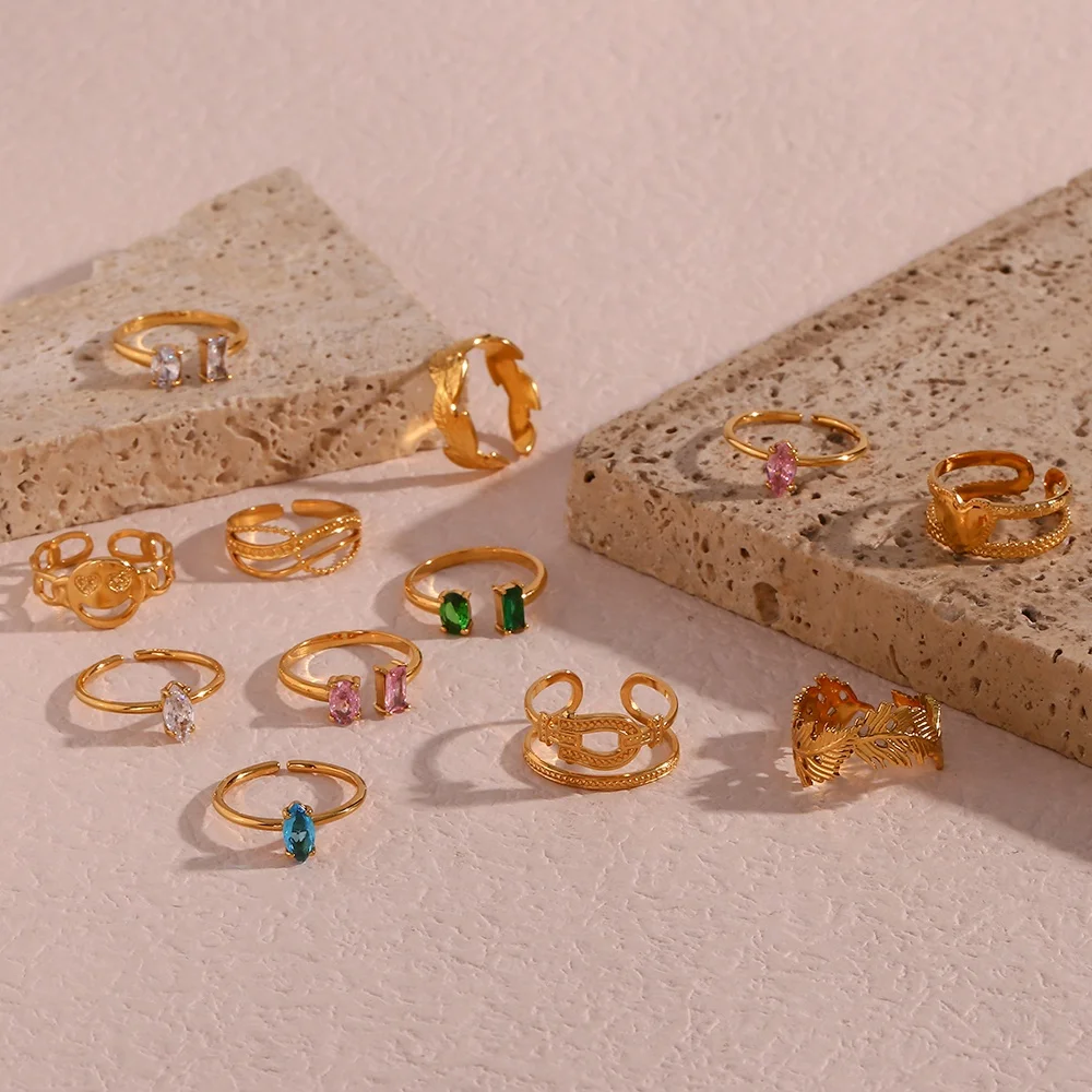 Elegant Zircon Adjustable Rings Set 18k Gold Plated Stainless Steel