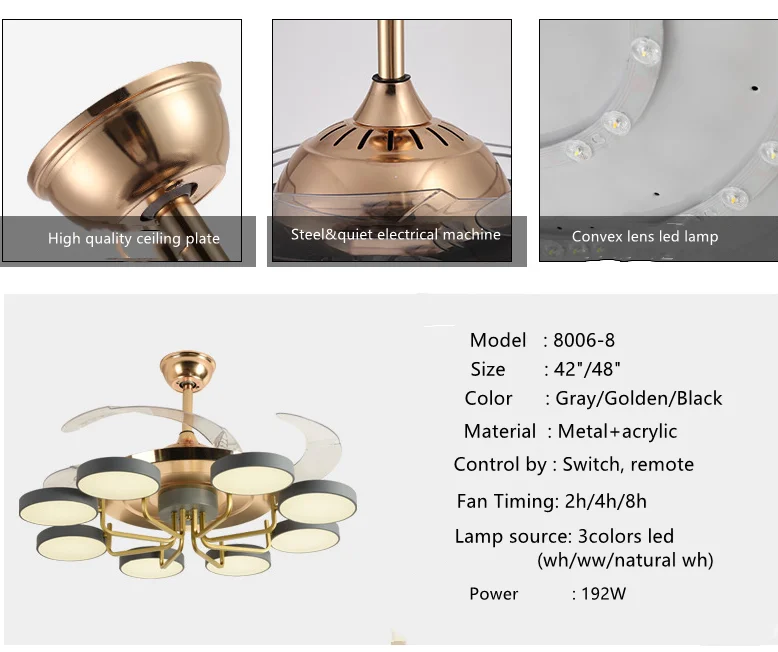 Indoor Decoration Bedroom Glass Cover 3 Pieces ABS Leaf LED Ceiling Fan Light