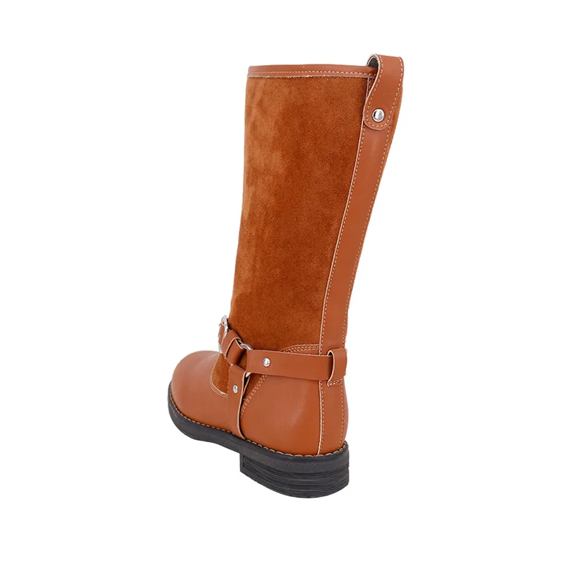 Bottes mi-longues marron pour femmes, chaussures plates en cuir PU