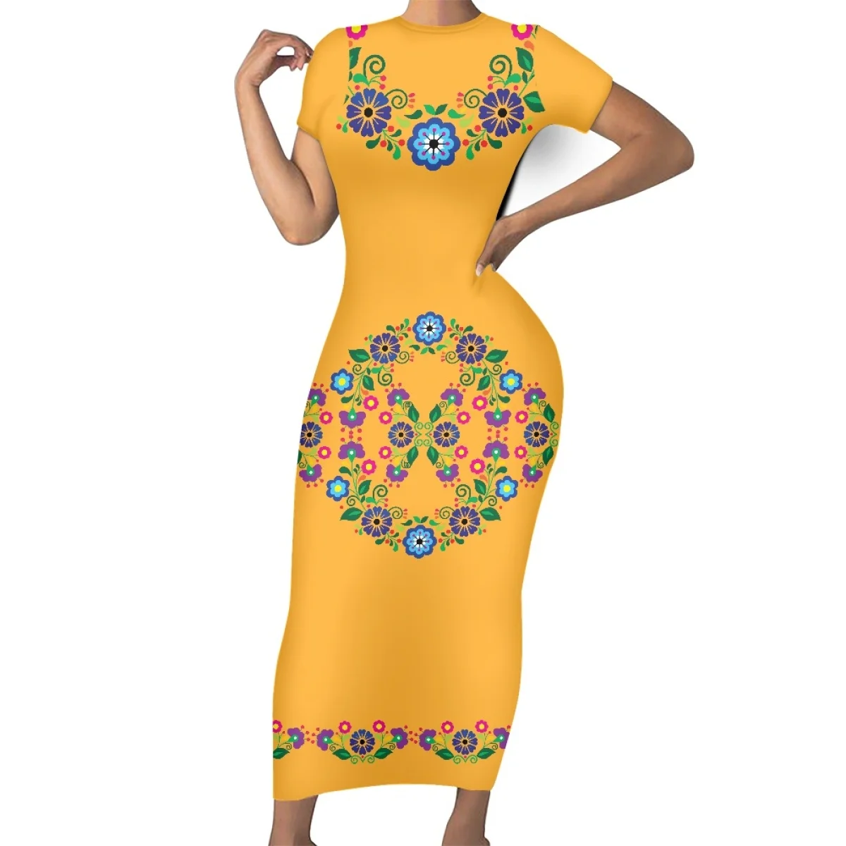 green emerald velvet dress Mexican Floral Printed Bodycon Dress Chula – Cielito Lindo main image 1