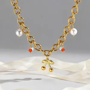 Gold Plated Cherry Pendant Necklace Imitation Pearl Crystal Beads Chain Light Luxury Sweet Style Jewelry Wholesale