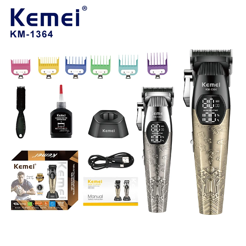 Tondeuse sans fil Kemei KM-1364, 2000 mAh, 8000 tr/min, réglage de la longueur de coupe, charge via port Type-C, tondeuse pour cheveux avec socle, tondeuse/trimmer, fournisseur certifié CE