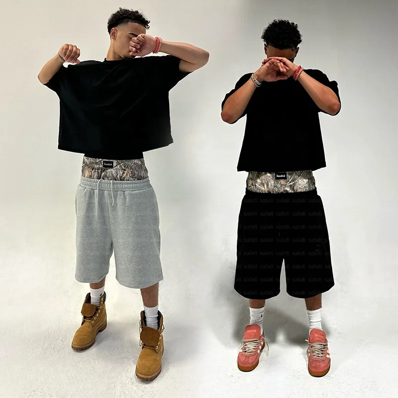 Custom Summer Streetwear Track Jogger Sweat Short Embroidery Unisex Fleece Cotton Double Camo Waisted Oversized Baggy Shorts Men