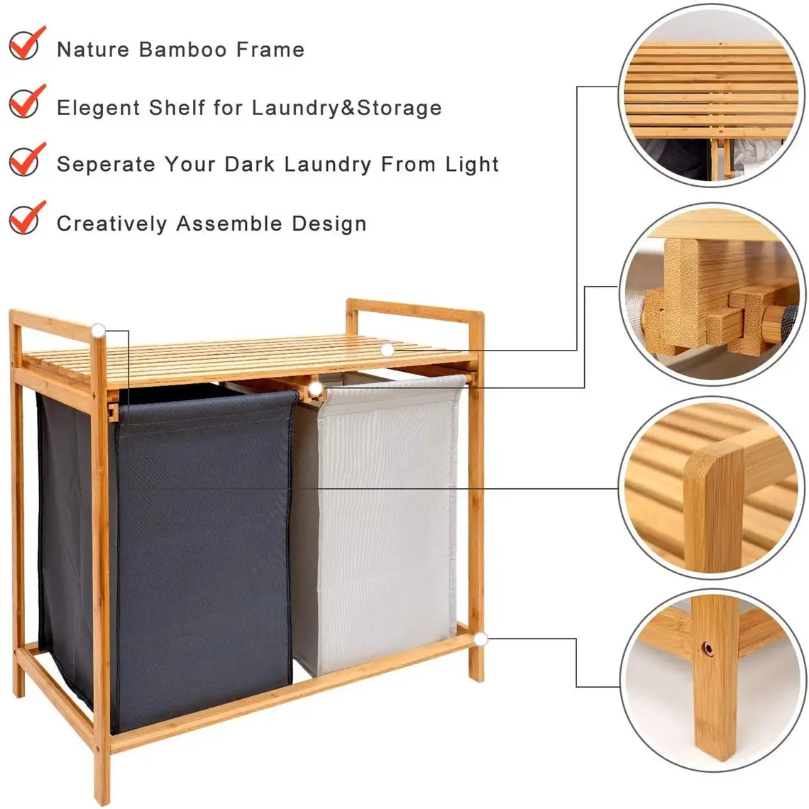 Двойная корзина для белья из бамбука двухсекционная с полкой большой