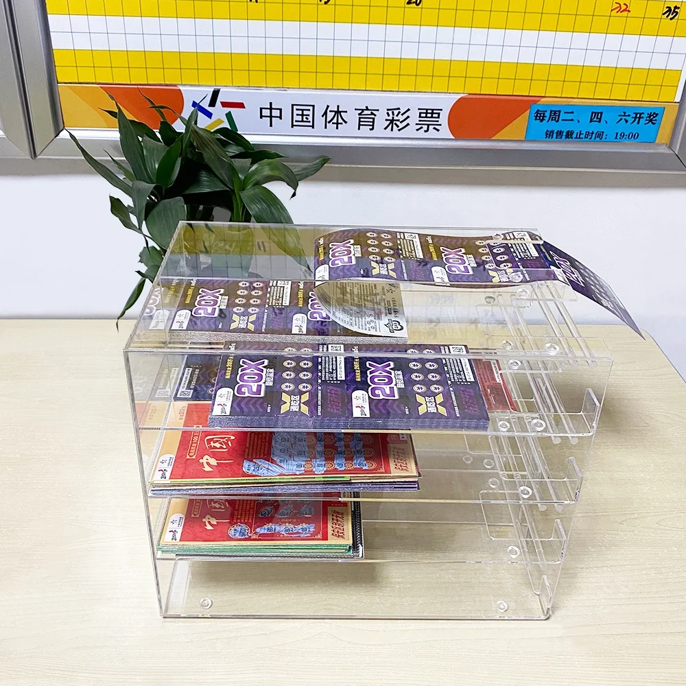 Lottery Store 4 Layers Custom Logo Countertop Plastic Lottery Ticket Display Box Dispenser Clear Acrylic Lottery Box