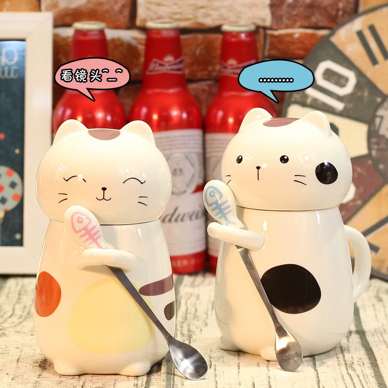 480ml Ceramic Cat-Shaped Mug with Spoon Lid American Style Porcelain Coffee Cup