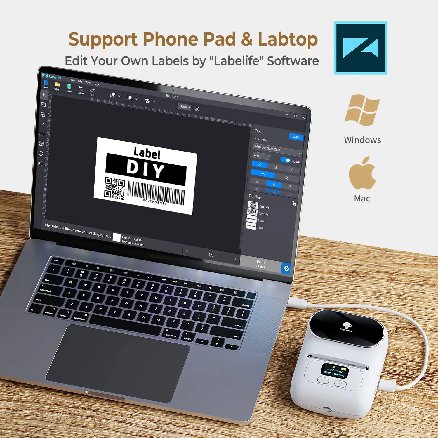 Phomemo M110 Label Printer Marcode for Shipping Labeling QR Code Clothing Mailing Sticker Printer for Phone PC Label Makers