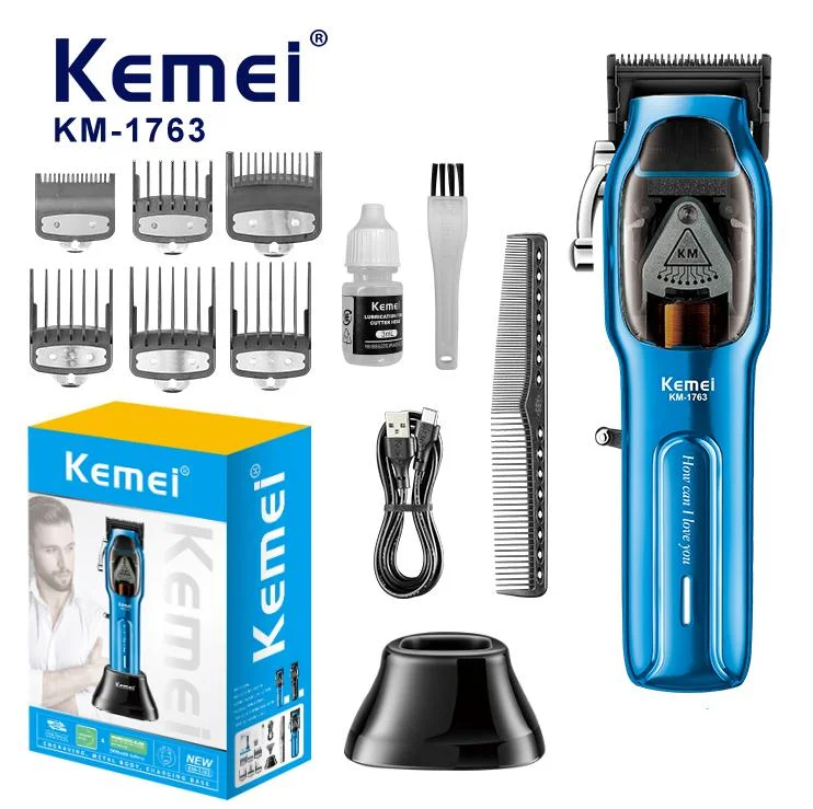 Kemei KM-1763 Barber High Speed Motor 9000 RPM Electric Hair Clipper Rechargeable Professional Hair Trimmer With Charging base