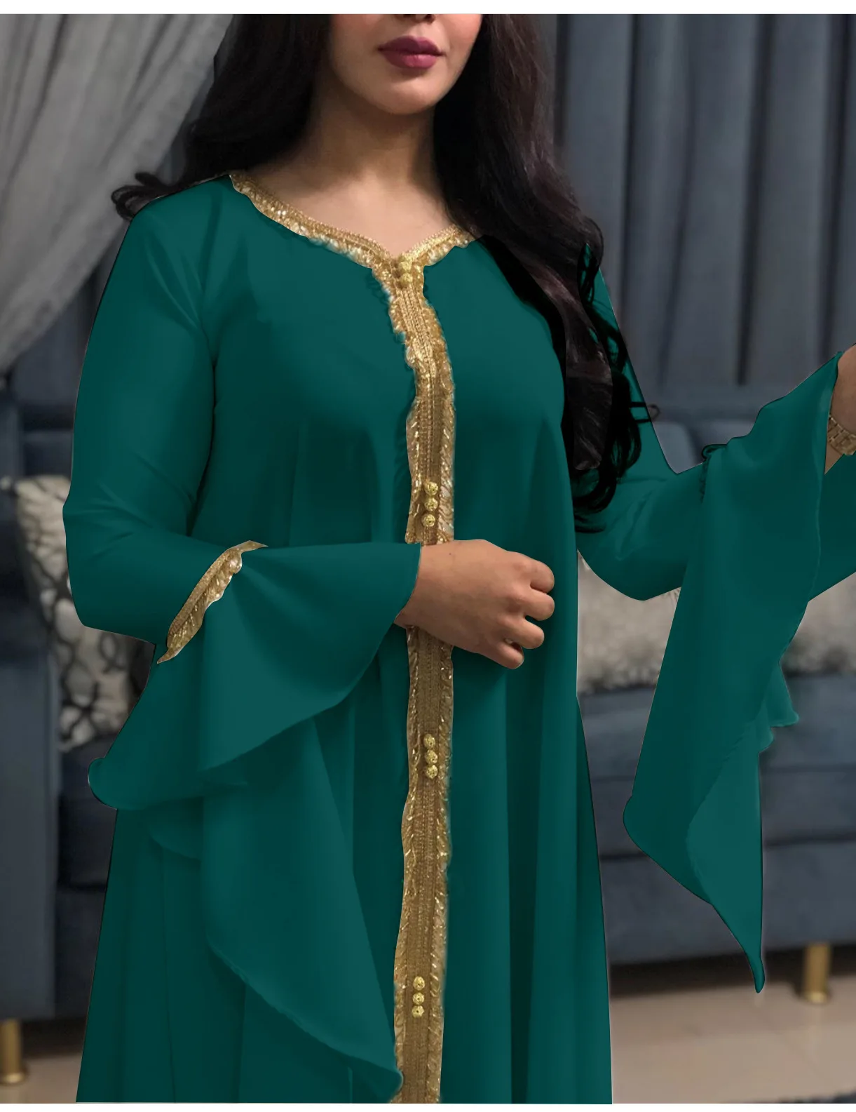 Elegant Lotus Leaf Sleeve Embroidered Gold Lace Muslim Dress Islamic ...