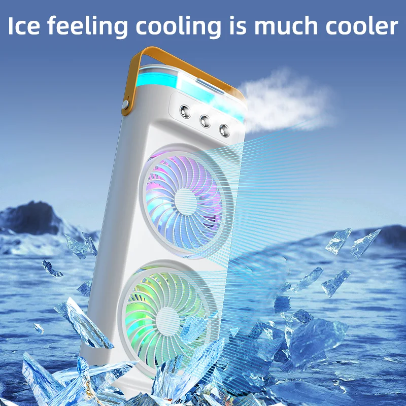 Rechargeable Dual Head Water Mist Air Cooling Fan with LED Light & 600ml Water Tank thumbnail