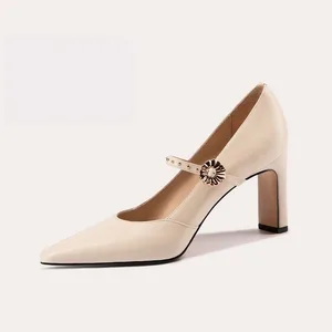 Lily Wei Hot Selling Women's Pumps Square Toe Shallow Mouth Cowhide Upper One-Strap Rhinestone Buckle Thick Heel Single Shoes