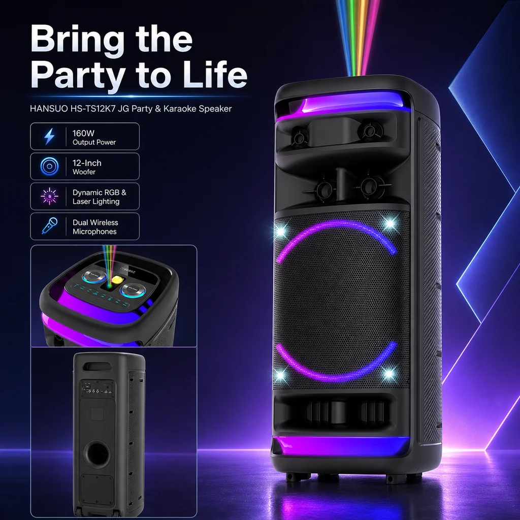 HANSUO HS-TS12K7 JG 12 Inch Trolley Karaoke Party Speaker with 7200mAh Battery Multi Driver Sound RGB Lights and DJ Effects